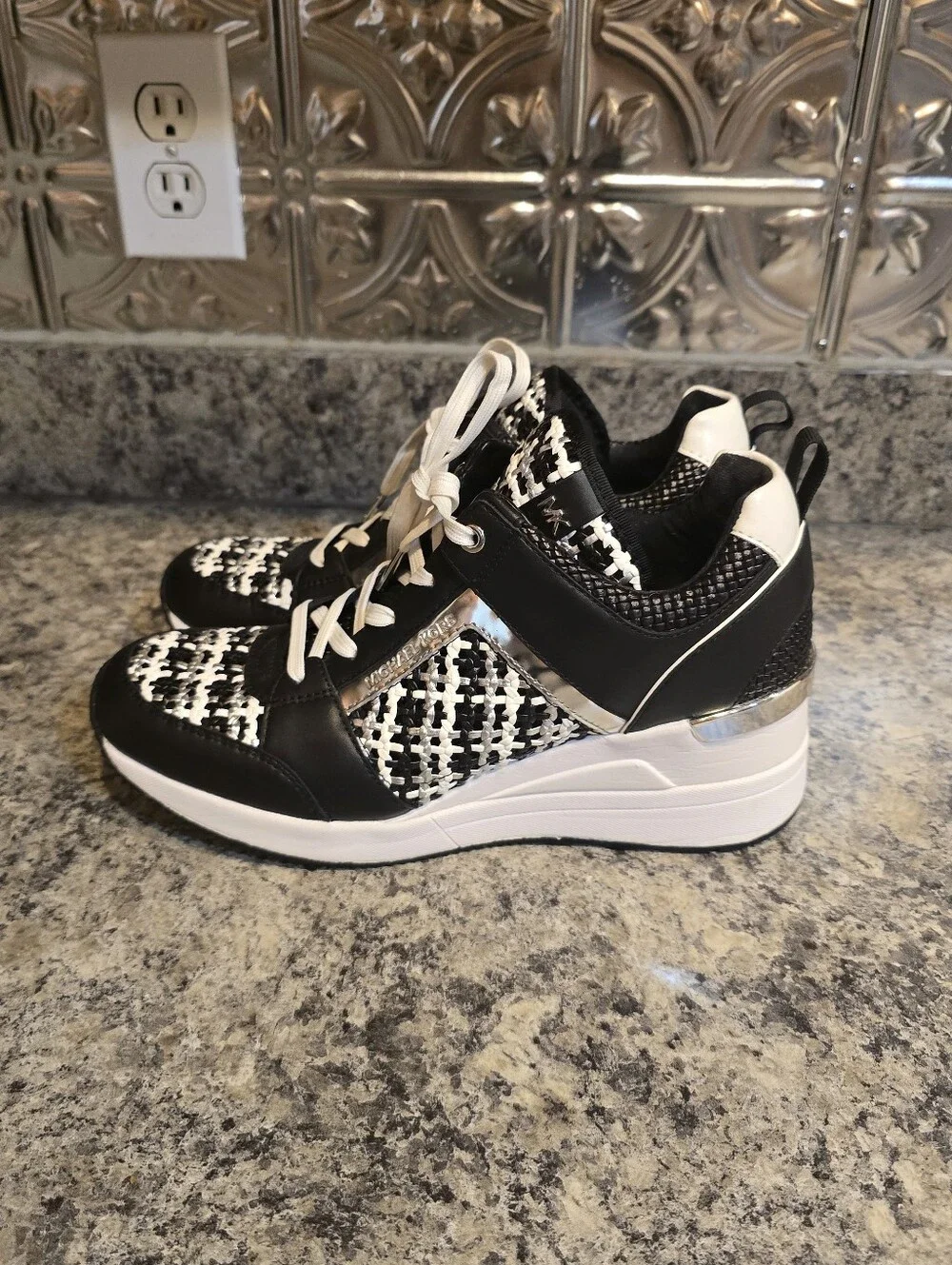 Michael Kors Georgie Black/White/Silver/Plaid Trainer Wedge Sneakers Size 9